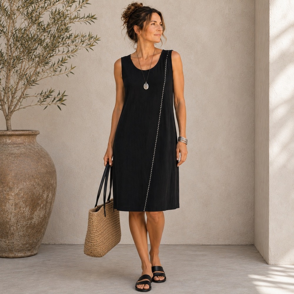 Novica Sleeveless Midi Dress Sz XL Black Beaded Boho Artsy Lagenlook Minimalist